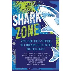 a shark birthday party card with the words shark zone on it and an image of a shark