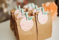 small brown paper bags with pink and green apples on them are sitting on a table