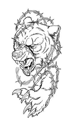 a drawing of a bear with barbed wire around it's neck