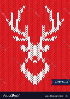 knitted deer head with hearts on red background