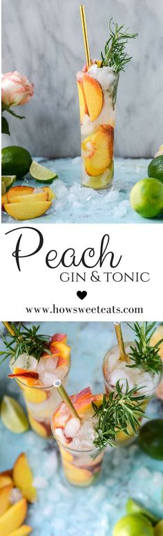 peach gin and tonic cocktail with lemons, limes, and rosemary garnish