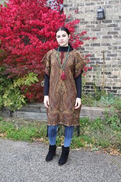 "❥Pashmina Ethnic Print Tunic, hand made using a large scarf/wrap ❥Material is thick and warm for fall/winter ❥open at the sides from hip down for easily slipping on and off ❥Beautiful Indian beaded Print ❥inspired by boho hippie fashion ❥fits size small/medium/large ❥measurements bust fits up to 42\" Hips fit up to 44\" Sleeve is open model is size small medium, this will also fit a large (i am 42\" bust and 44\" hip and this fits me loosely as well :) ❥shipping -All shipping within CANADA and Bohemian Style One Size Scarf Wrap, Bohemian One Size Scarf Wrap, Bohemian Shawl Wrap For Fall, One Size Bohemian Wraps For Winter, One Size Bohemian Winter Wraps, Bohemian Winter Wraps One Size, One Size Pashmina Shawl For Winter, Bohemian Pashmina Scarf One Size, Bohemian One-size Pashmina Shawl