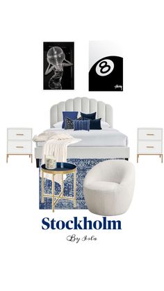 a bedroom with white furniture and blue accents