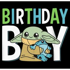 a baby yoda holding a stuffed animal with the words birthday boy on it