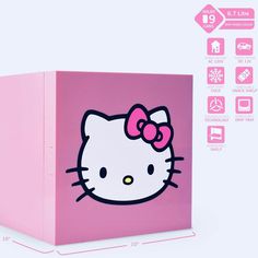 a pink box with a hello kitty design on the front and side, is shown