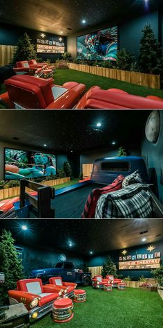 the inside of a home theater with red couches and green grass in front of it