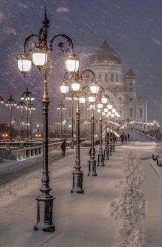 a snowy street lined with lamps and lights in front of a large building at night