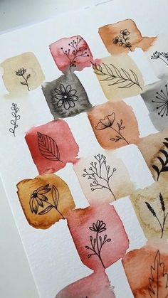 an art work with watercolors and ink on paper that has different flowers in them