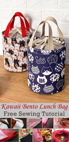 two bags with different designs on them and the words kawai bento lunch bag free sewing