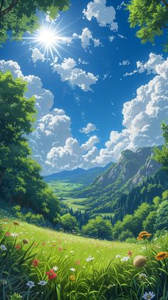 the sun shines brightly over a lush green valley with trees and flowers on it