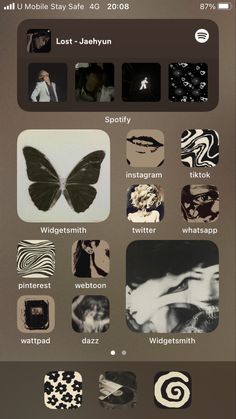 an iphone screen with many different pictures and words on the phone, as well as a butterfly