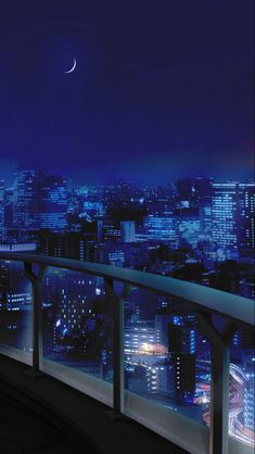 a balcony overlooking a city at night with the moon in the sky and buildings lit up