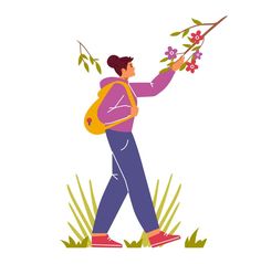 Harmony with nature concept vector illustration. Young woman with backpack walking outdoors, touching branch with flowers. Branch With Flowers, Flowers Branch, Walking Outdoors, Walking Women, Blog Image, Capstone Project, Harmony With Nature, Nature Drawing