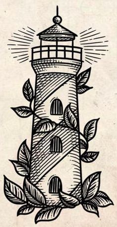 a drawing of a lighthouse surrounded by leaves