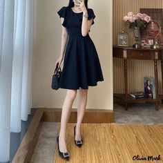 Olivia Mark - Chic Black Mini Dress with Adjustable Waist and Flowy Skirt Long Wrap Dress, Shapewear Dress, Maxi Skirt Style, Floral Print Dress Long, Pretty Shorts, Wrap Around Dress, Black Short Dress, Elegant Skirt, Crewneck Dress