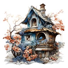 a bird house with vines and flowers on the roof is painted in watercolors