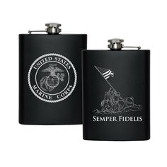 two black flasks with the emblem of an american flag and marine seal on them