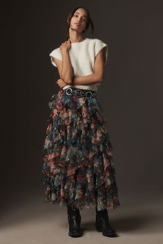 The Chéri Ruffled Tulle Midi Skirt by Anthropologie Ruffle Tulle Skirt Outfit, Midi Ruffle Skirt Outfit, Tulle Midi Skirt Outfit, Chic Tulle Ruffled Skirt, Tule Skirt Outfit, Luxury Midi Tulle Skirt, Tulle Skirt Outfit Casual Street Style, Anthropologie Outfits, Tulle Skirt Outfits Casual