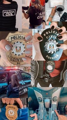 the collage shows several different images of people in police uniforms and their name badges