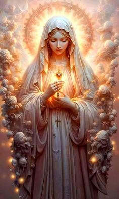 an image of the virgin mary with her hands clasped in front of flowers and lights