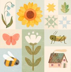 an image of flowers and bees in squares