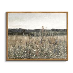 an oil painting on canvas of a field with wildflowers in the foreground