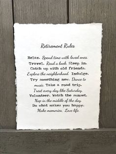 a piece of paper with the words retirement rules written on it in cursive writing