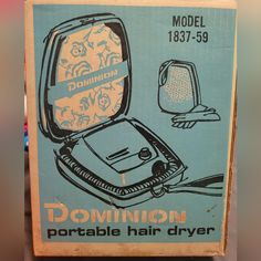 Vintage Dominion Bonnet Style Portable Hair Dryer Model 1837-59 W/Travel Case. New In Original Box. Vintage Hair Care Products, Bonnet Dryer, Curling Rods, Portable Hair Dryer, Turquoise Blue Color, Mirrored Wallpaper, Vintage Hair, Swirl Pattern, Gag Gifts