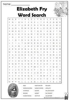 the elizabeth fry word search is shown in this printable worksheet for kids