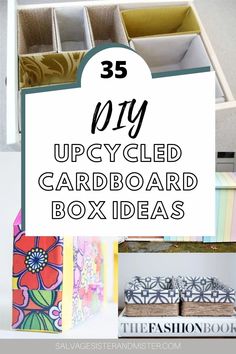 an upcycled cardboard box is shown with the title overlay that says 35 diy upcycled cardboard box ideas