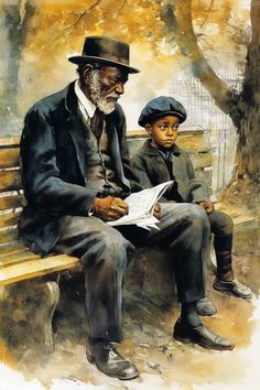 an older man and young boy sitting on a bench