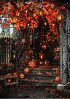 an outdoor halloween scene with pumpkins and lights