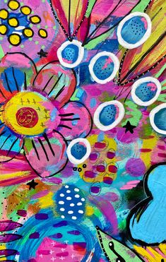 an abstract painting with lots of different colors and designs on it, including circles and dots