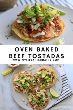 an open faced beef tostadas with avocado and cilantro on top