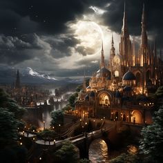 an image of a castle in the sky with lights on and water flowing below it