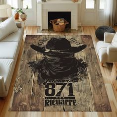 a living room area rug with a cowboy hat on it and the number 371