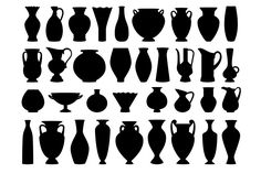 black and white silhouettes of vases on a white background, set of twelve