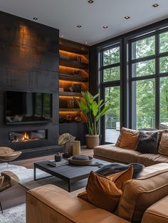 a living room filled with furniture and a fire place in the middle of a room