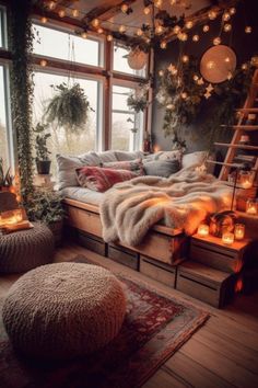 a living room filled with lots of furniture and candles on the floor next to a window