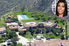 an aerial view of a mansion with a pool in the foreground and a woman's face