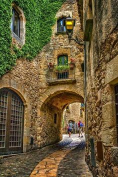 an alley way with stone buildings and ivy growing on the walls