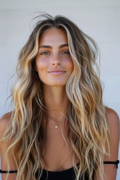 59  Glorious California Blonde Hair Ideas Balayage Beach Blonde, Summer Brown Blonde Hair, Long Beachy Layered Hair, Long Hair Hair Color, Fall Beach Hair Color, Blonde Balayage Beachy, Natural Beach Blonde Hair, Long Hairstyles Balayage, Growing Out Brown Hair From Blonde