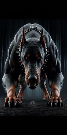 a black and brown dog standing on its hind legs in the dark with it's mouth open