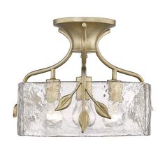 a semi - flush ceiling light with an etched glass shade on the bottom and gold accents