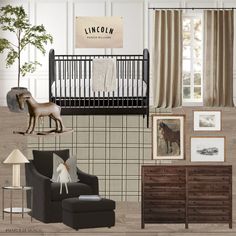 a living room filled with furniture next to a baby crib and rocking horse on the wall