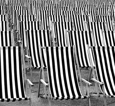 black and white striped chairs lined up in rows