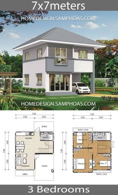 two story house plan with 3 bedroom and 2 bathrooms in the front, an open floor plan