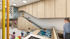 children playing in an indoor play area with stairs and balls on the floor, while adults watch