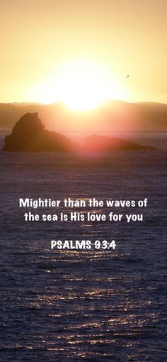 the sun setting over water with a bible verse