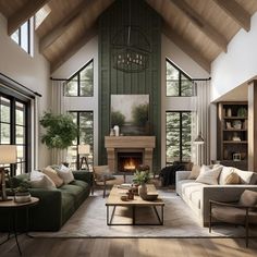 a living room filled with furniture and a fire place in the middle of a room